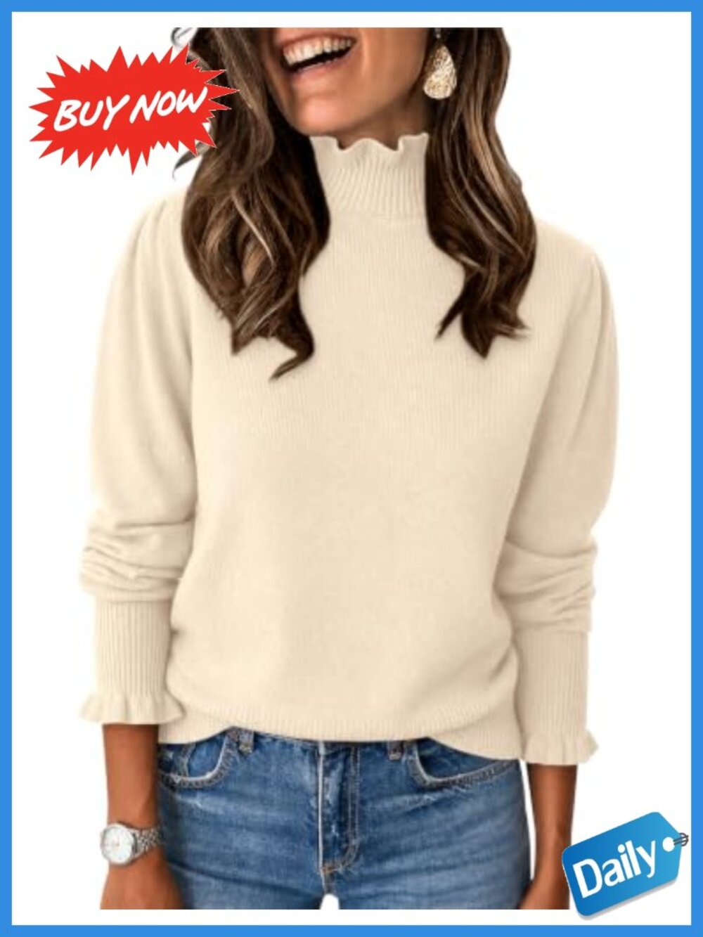 Ruffle Mock Neck Puff Sleeve Pullover Sweater Lightweight Stretch